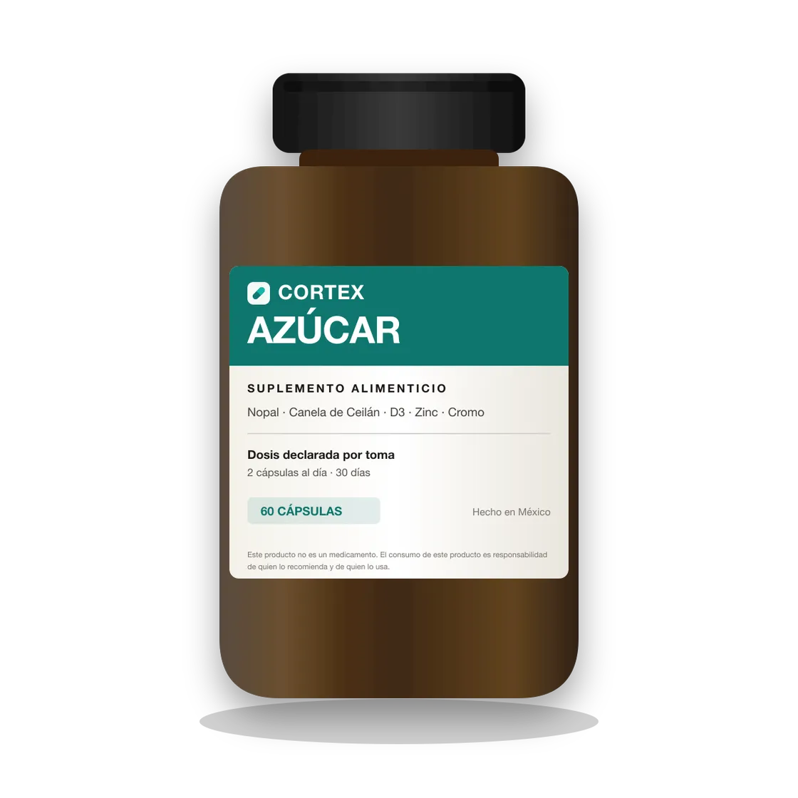 Frasco de Cortex AZÚCAR, suplemento alimenticio con nopal y canela de Ceilán, 60 cápsulas