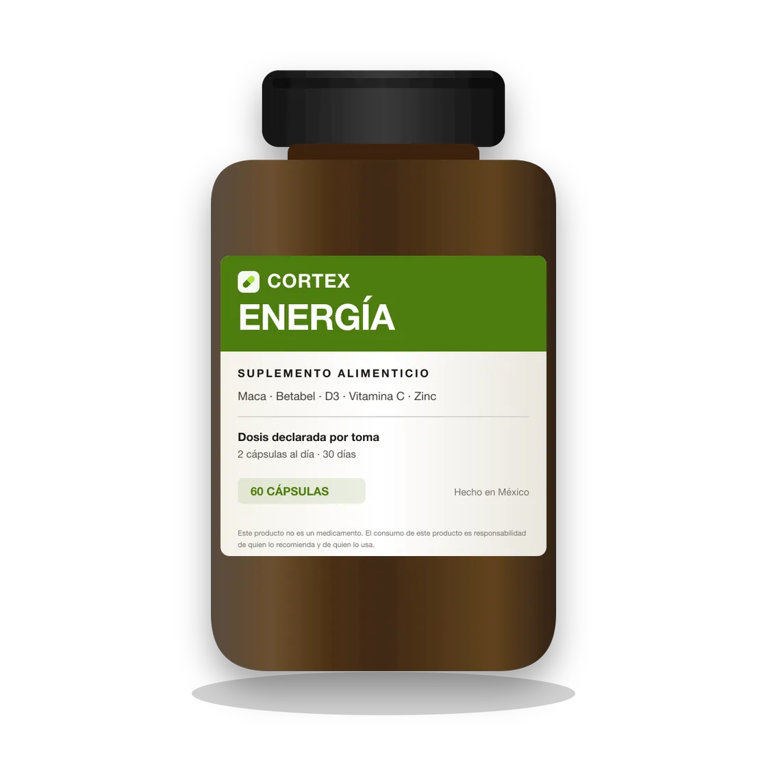 Frasco de Cortex ENERGÍA, suplemento alimenticio con maca y betabel, 60 cápsulas