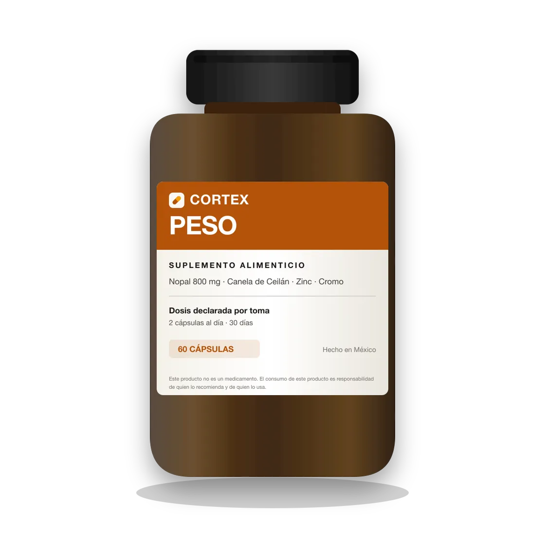 Frasco de Cortex PESO, suplemento alimenticio con nopal concentrado, 60 cápsulas
