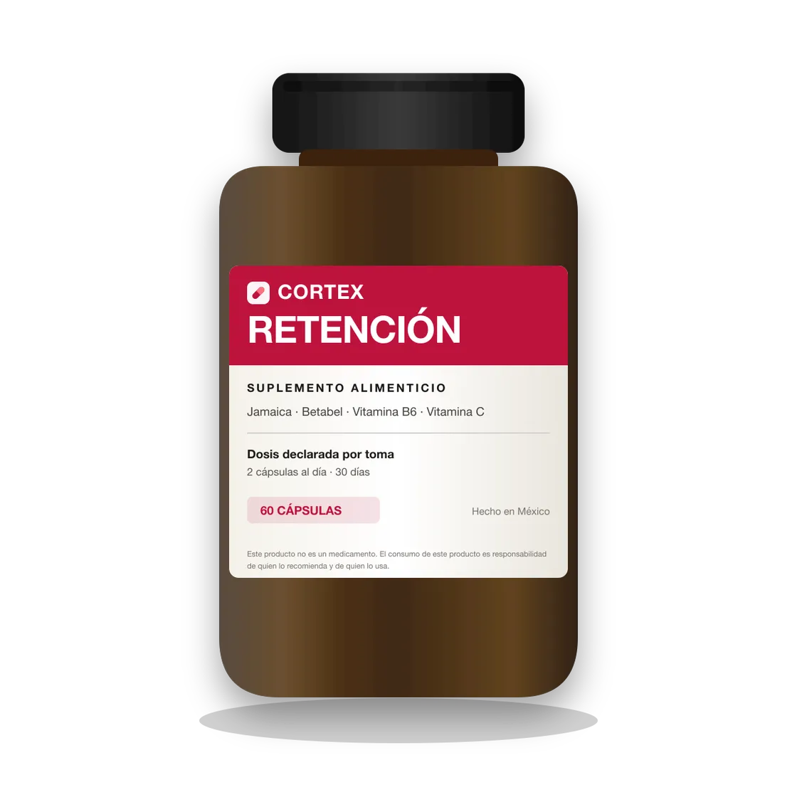 Frasco de Cortex RETENCIÓN, suplemento alimenticio con jamaica y betabel, 60 cápsulas