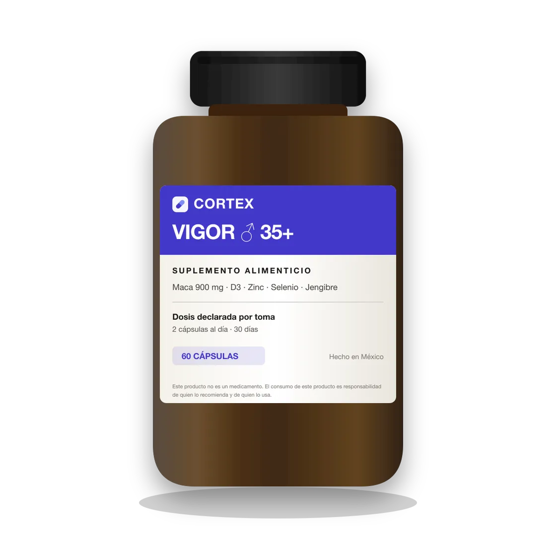 Frasco de Cortex VIGOR ♂ 35+, suplemento alimenticio con maca, zinc y vitamina D3, 60 cápsulas