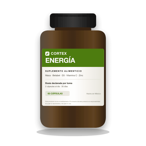 Frasco de Cortex ENERGÍA, suplemento alimenticio con maca y betabel, 60 cápsulas