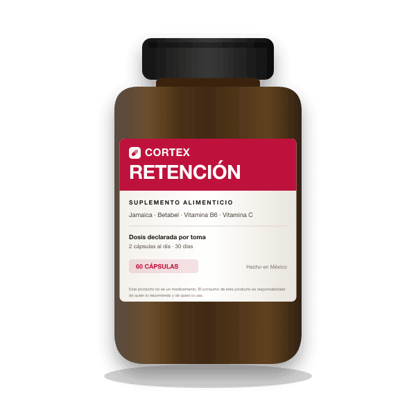 Frasco de Cortex RETENCIÓN, suplemento alimenticio con jamaica y betabel, 60 cápsulas