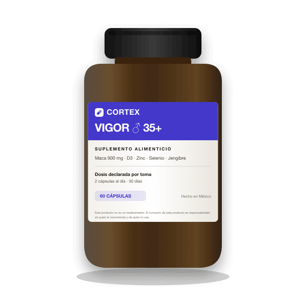 Frasco de Cortex VIGOR ♂ 35+, suplemento alimenticio con maca, zinc y vitamina D3, 60 cápsulas